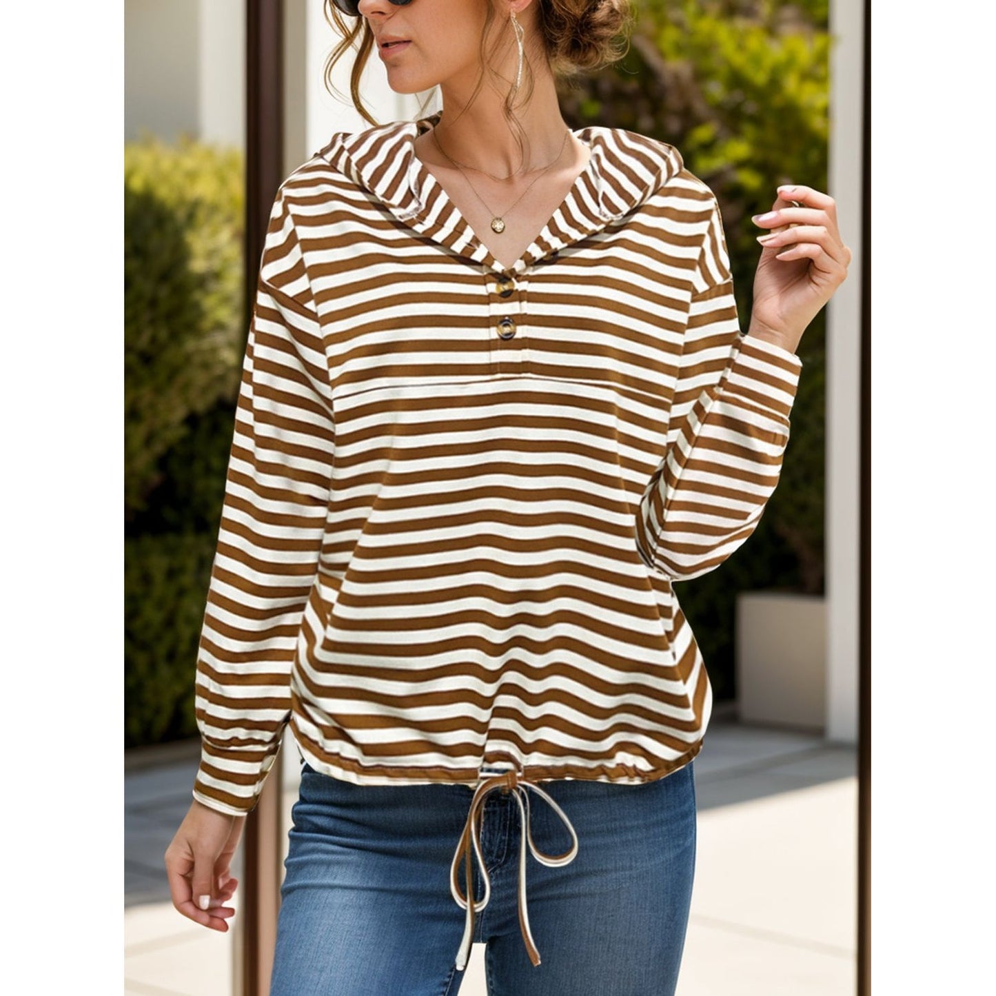 Drawstring Striped Long Sleeve Hoodie