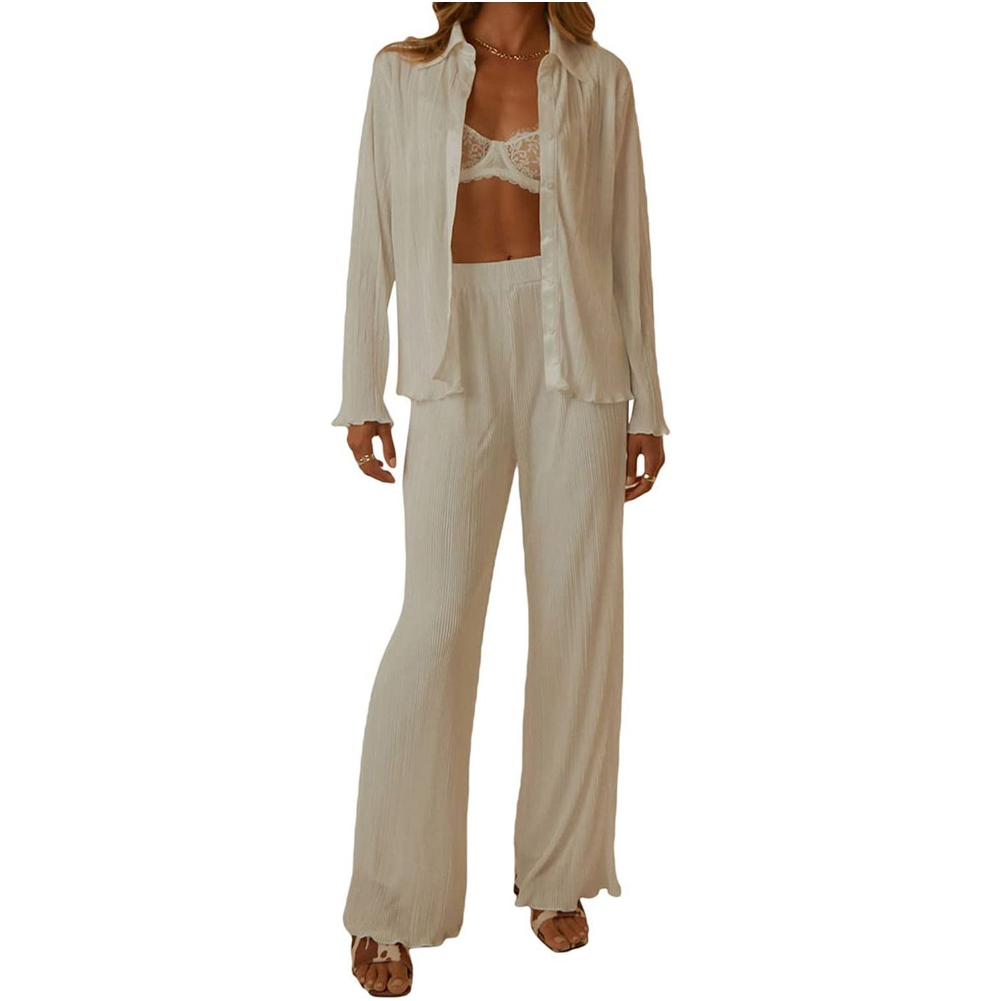 Collared Neck Long Sleeve Top and Pants Lounge Set