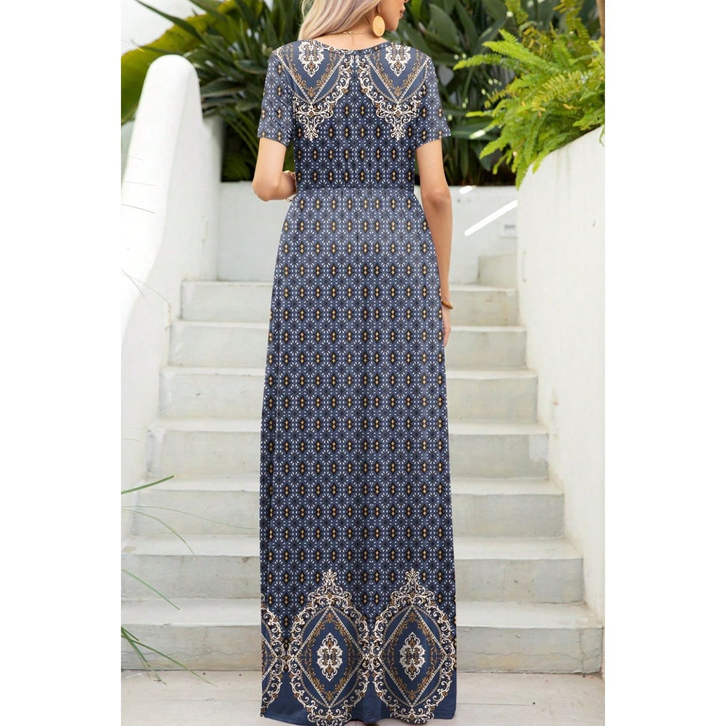 Printed Round Neck Short Sleeve Maxi Dress