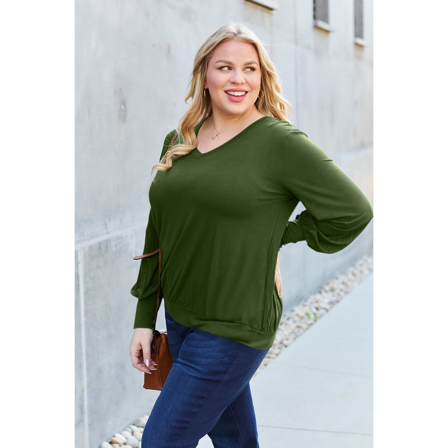 Basic Bae Full Size V-Neck Lantern Sleeve Top