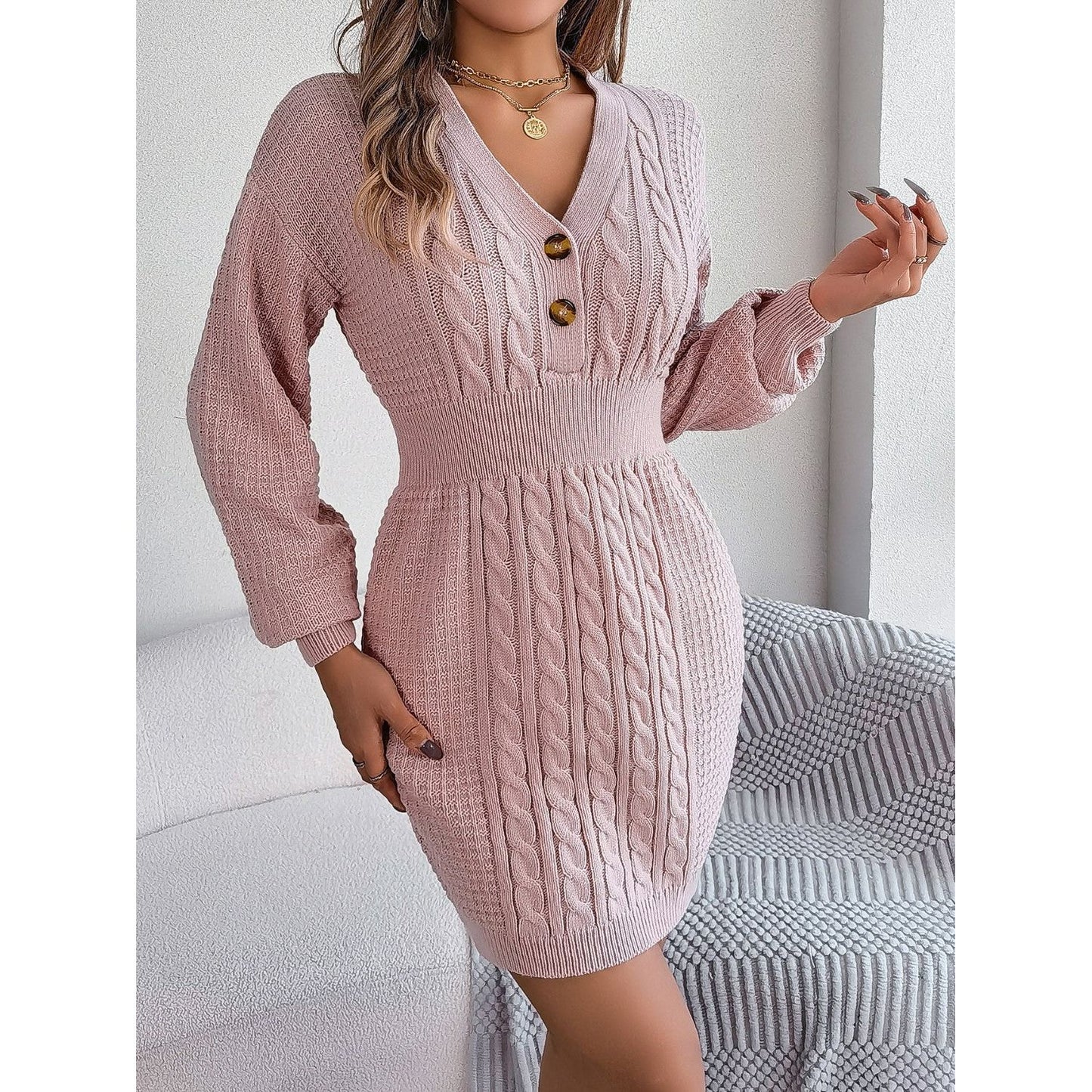 Buttoned Cable-Knit V-Neck Sweater Dress