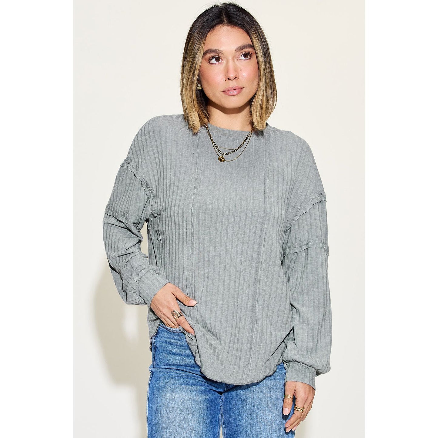 Basic Bae Full Size Ribbed Round Neck Long Sleeve T-Shirt