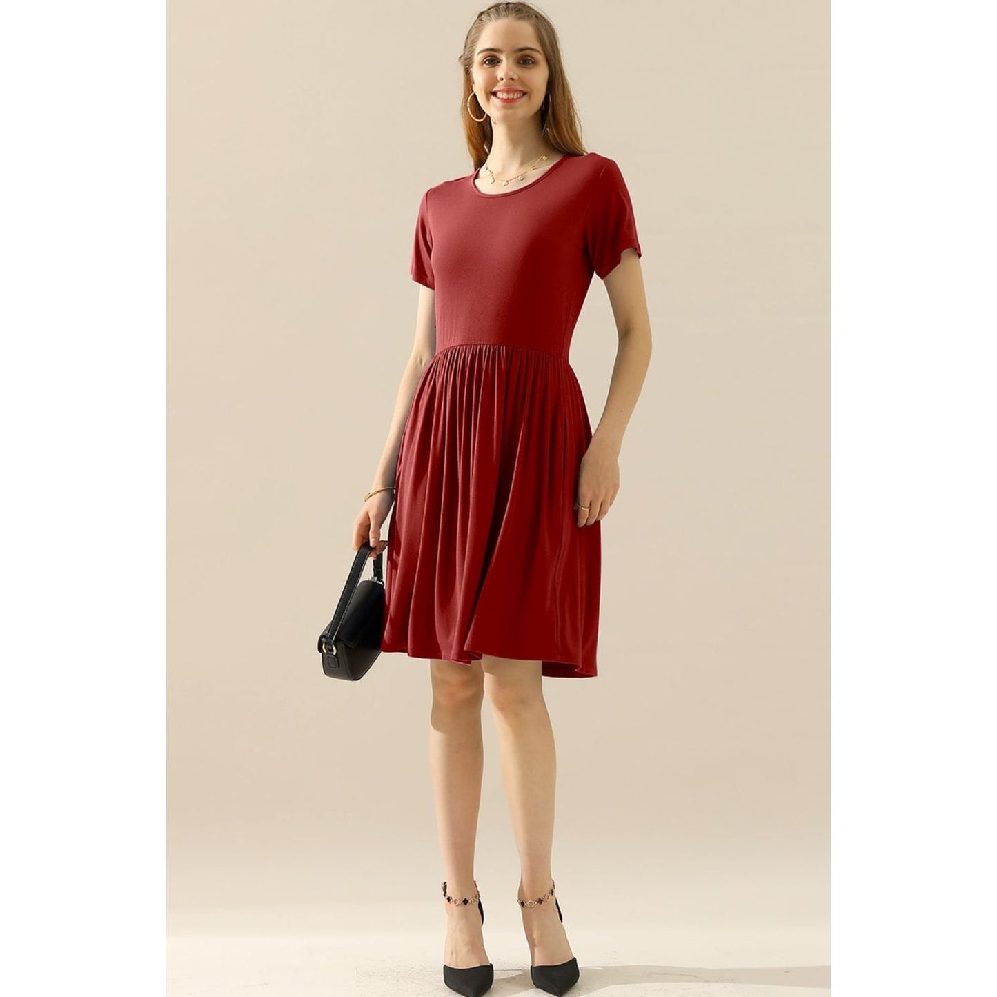 Ninexis Full Size Round Neck Ruched Dress with Pockets