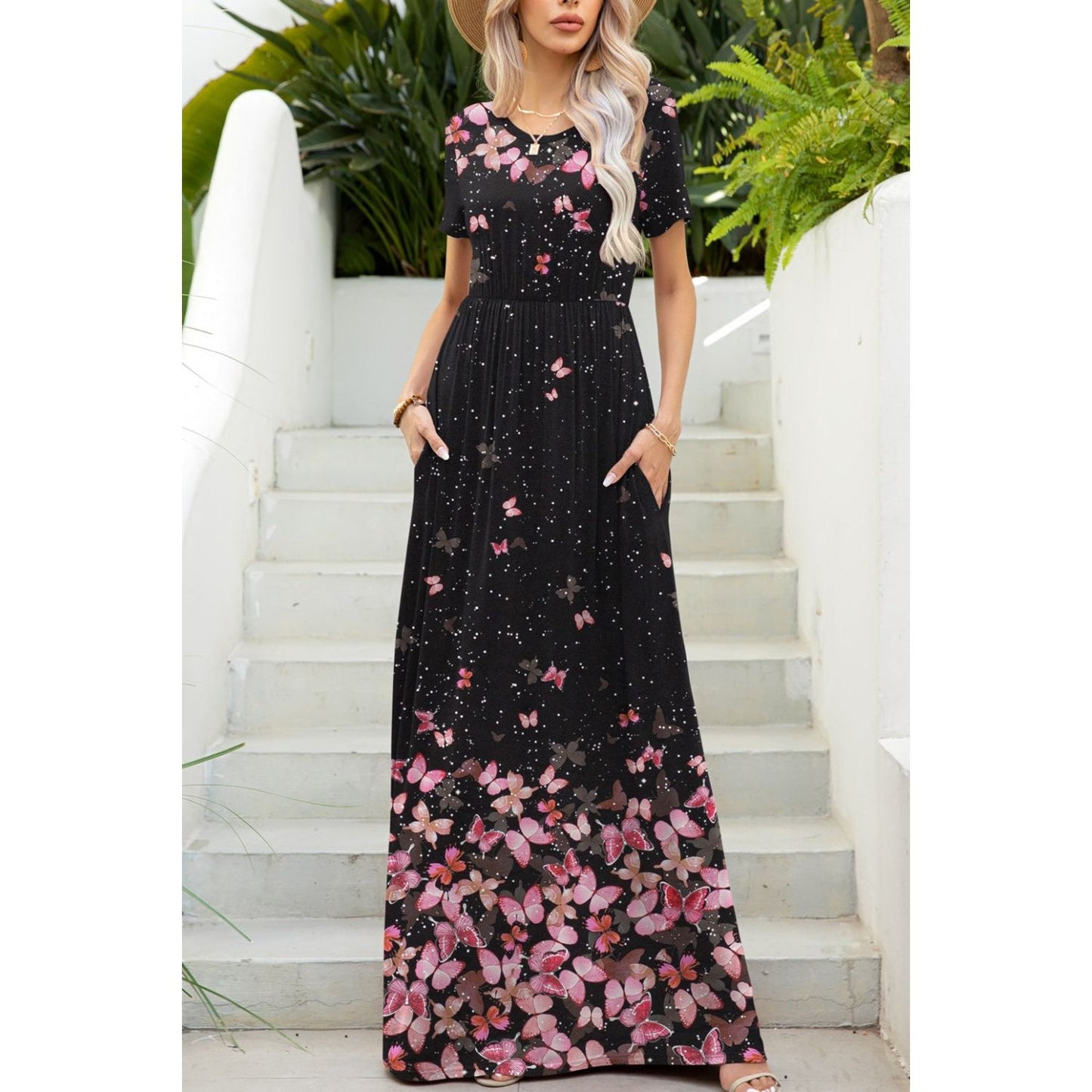 Printed Round Neck Short Sleeve Maxi Dress