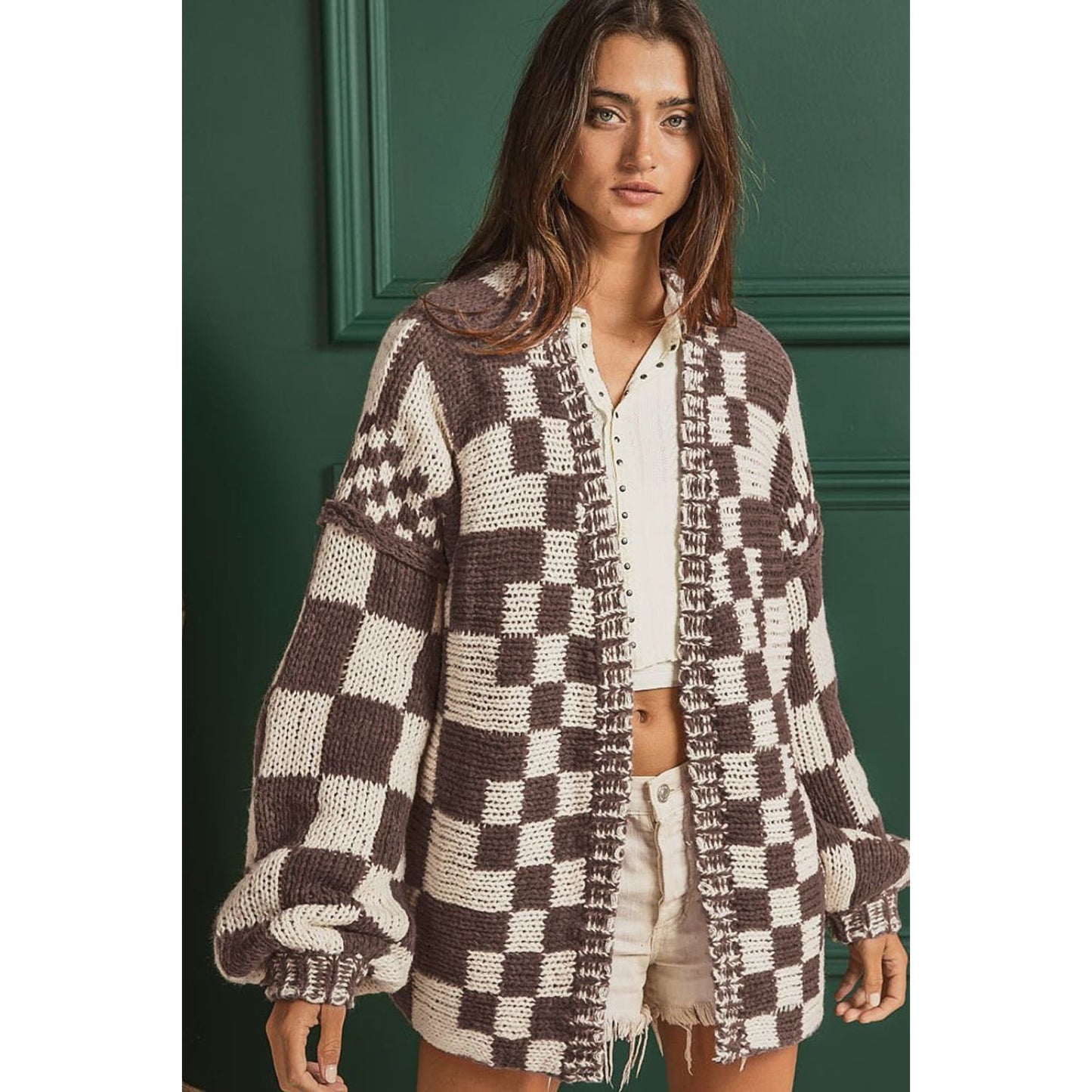 Checkered Open Front Long Sleeve Cardigan