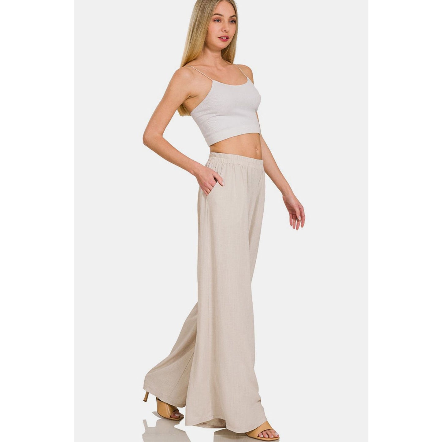 Zenana Pleated Linen Blend Wide Leg Pants