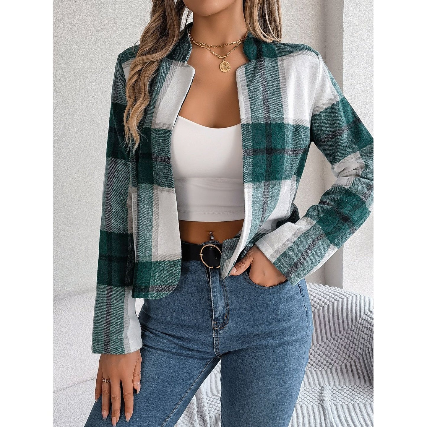 Plaid Open Front Long Sleeve Jacket