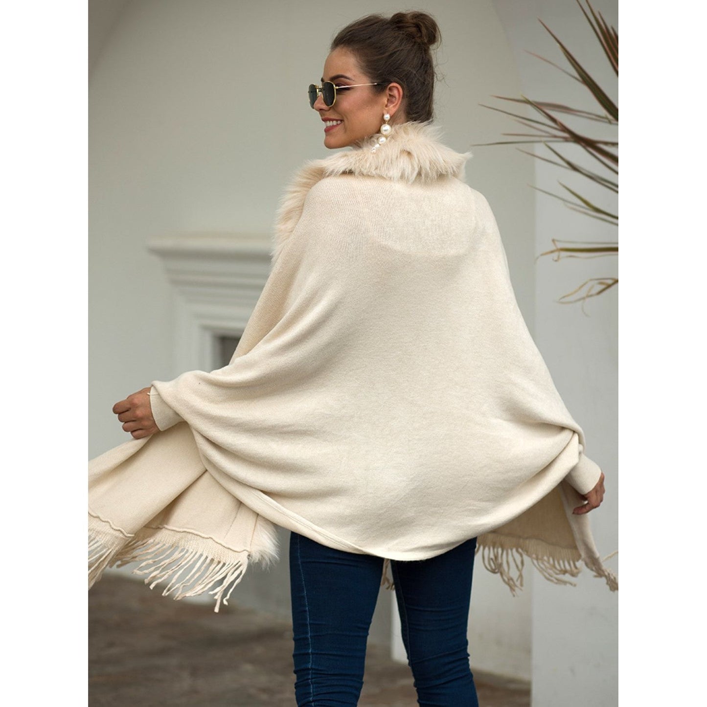 Fringe Open Front Long Sleeve Poncho