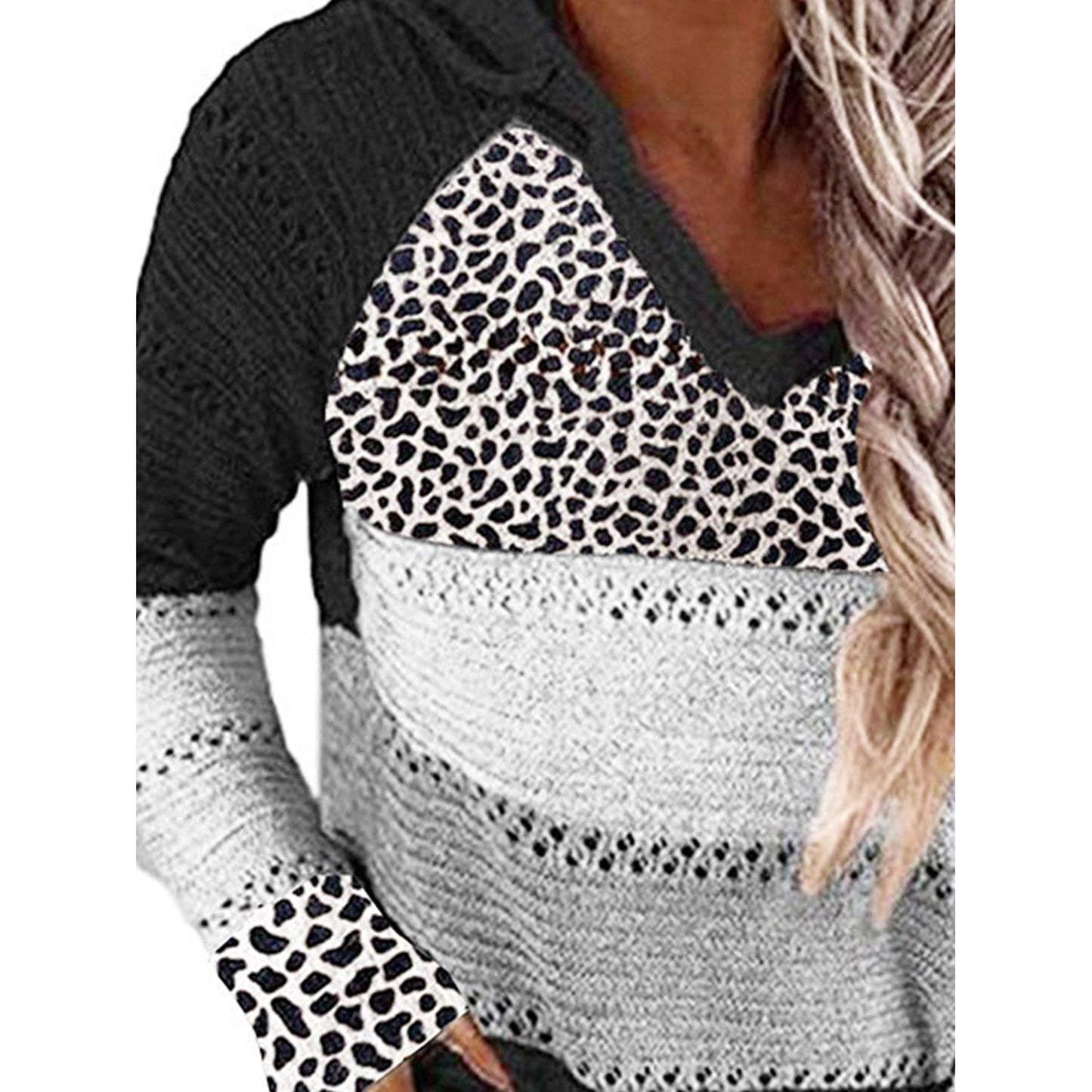 Full Size Openwork Leopard Drawstring Hooded Sweater