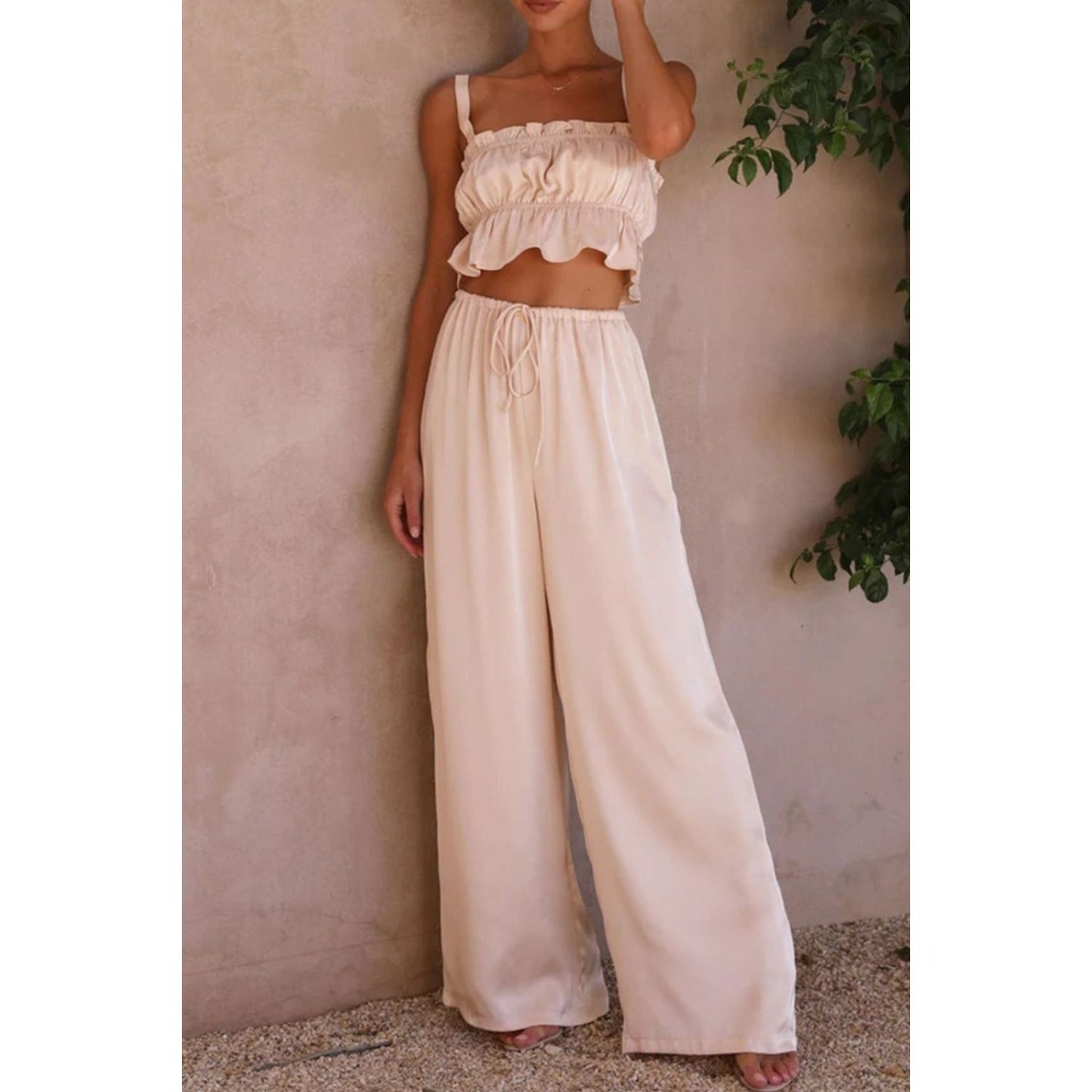 Ruffled Sleeveless Top and Wide Leg Pants Set