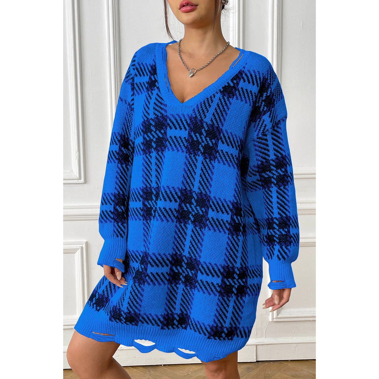 Plaid V-Neck Long Sleeve Sweater Dress