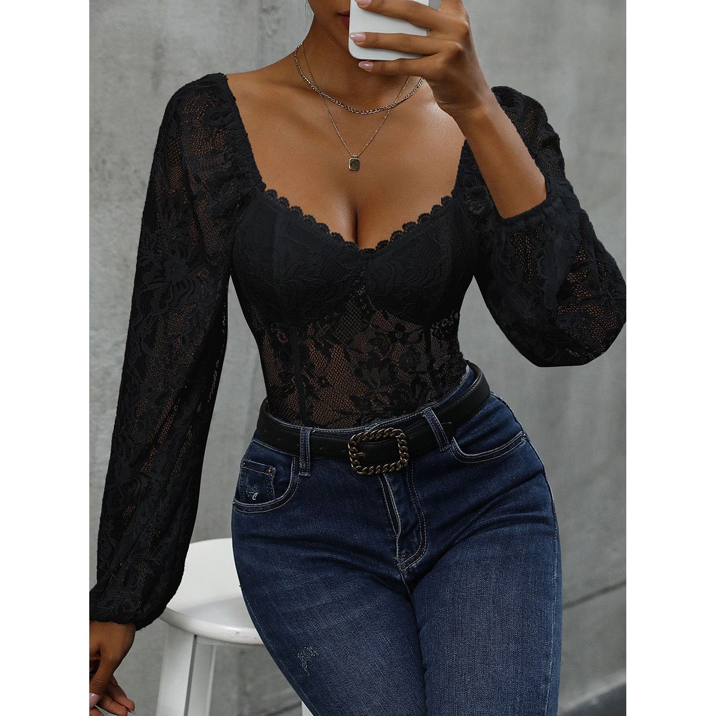 Perfee Lace Balloon Sleeve Bodysuit