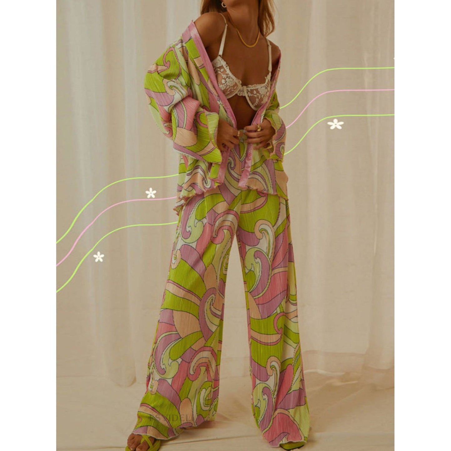 Printed Collared Neck Long Sleeve Top and Pants Lounge Set