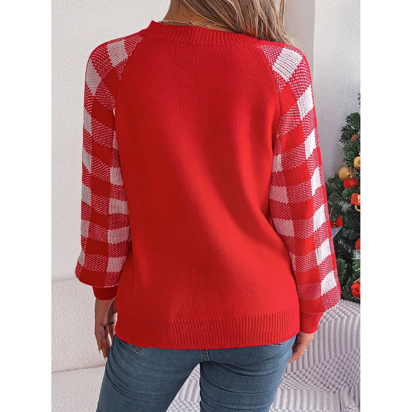 Reindeer Plaid Round Neck Long Sleeve Sweater