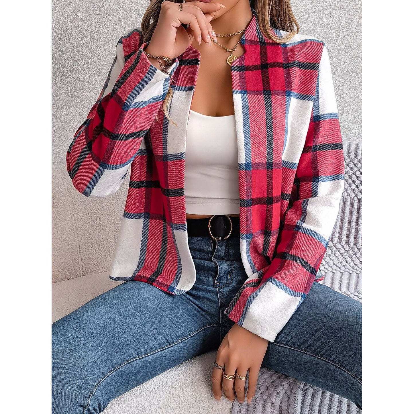 Plaid Open Front Long Sleeve Jacket