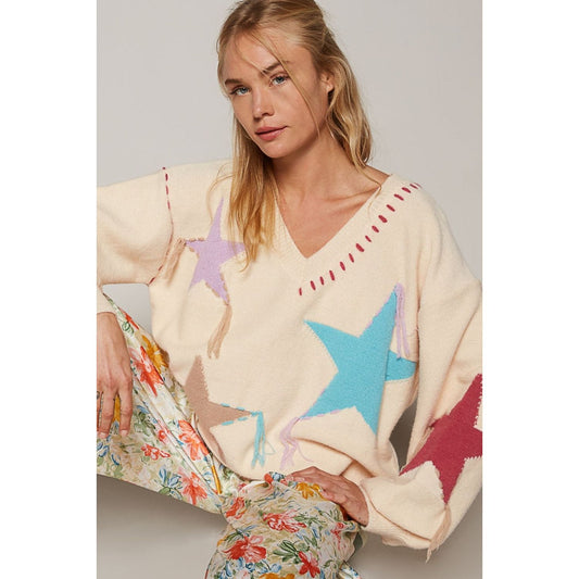 POL V-Neck Long Sleeve Star Fringe Sweater