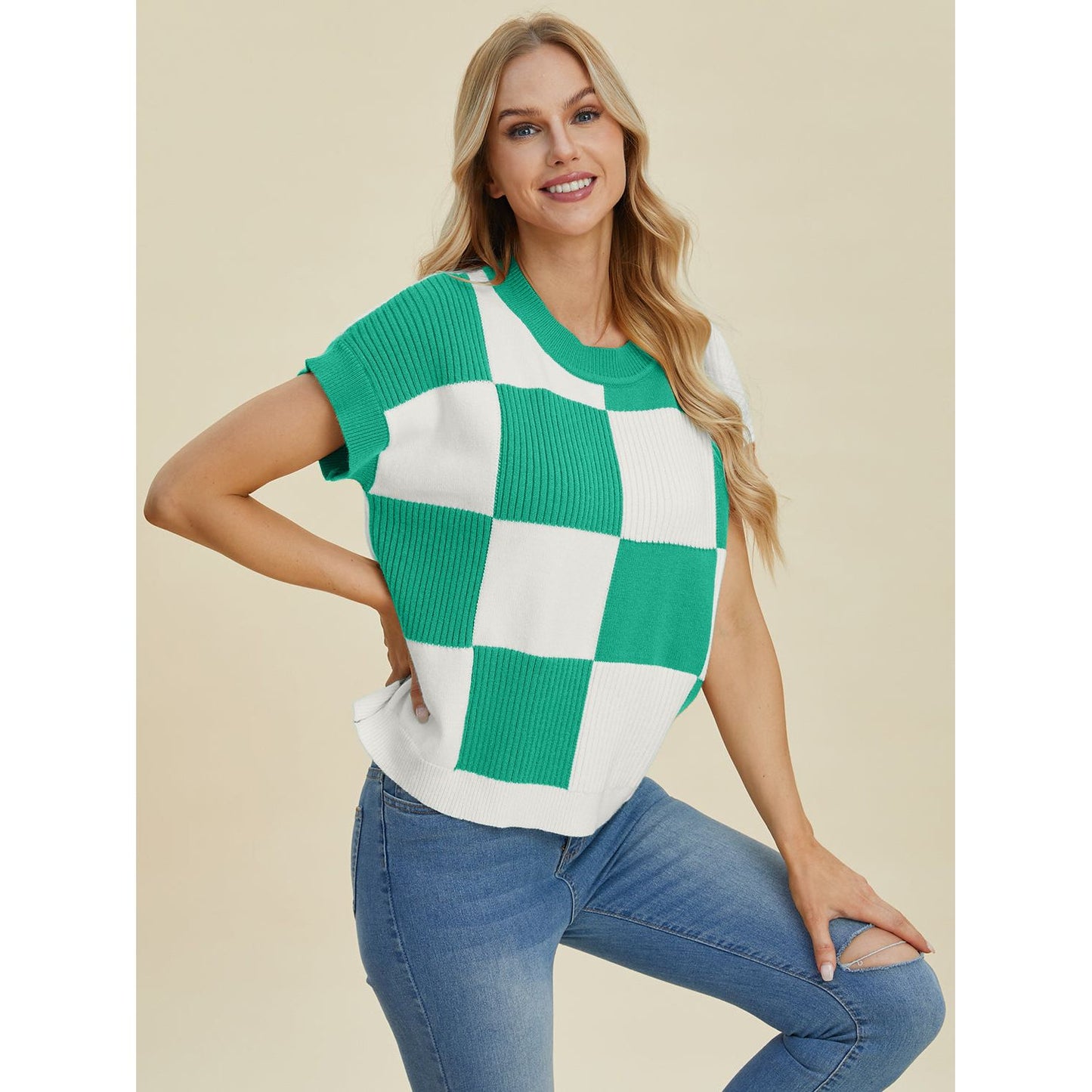 Double Take Full Size Checkered Round Neck Short Sleeve Sweater