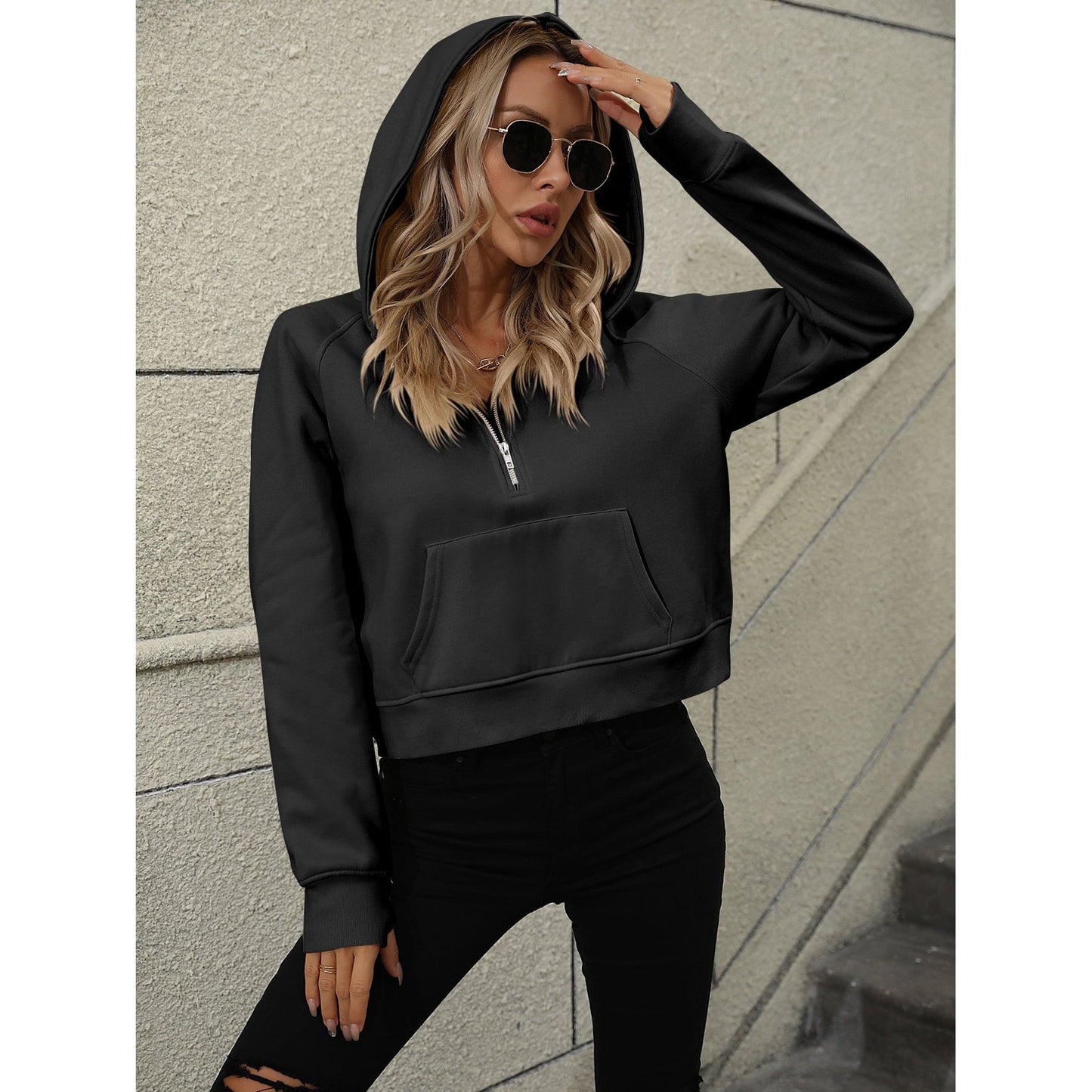 Mandy Raglan Sleeve Zip-Up Hoodie with Pocket