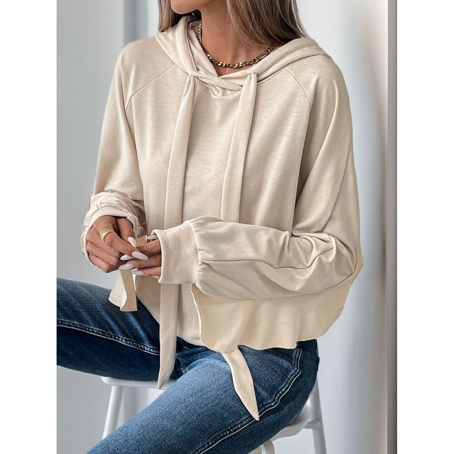 Perfee Drawstring Ruffled Long Sleeve Hoodie