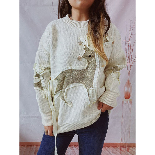 Reindeer Round Neck Long Sleeve Sweater