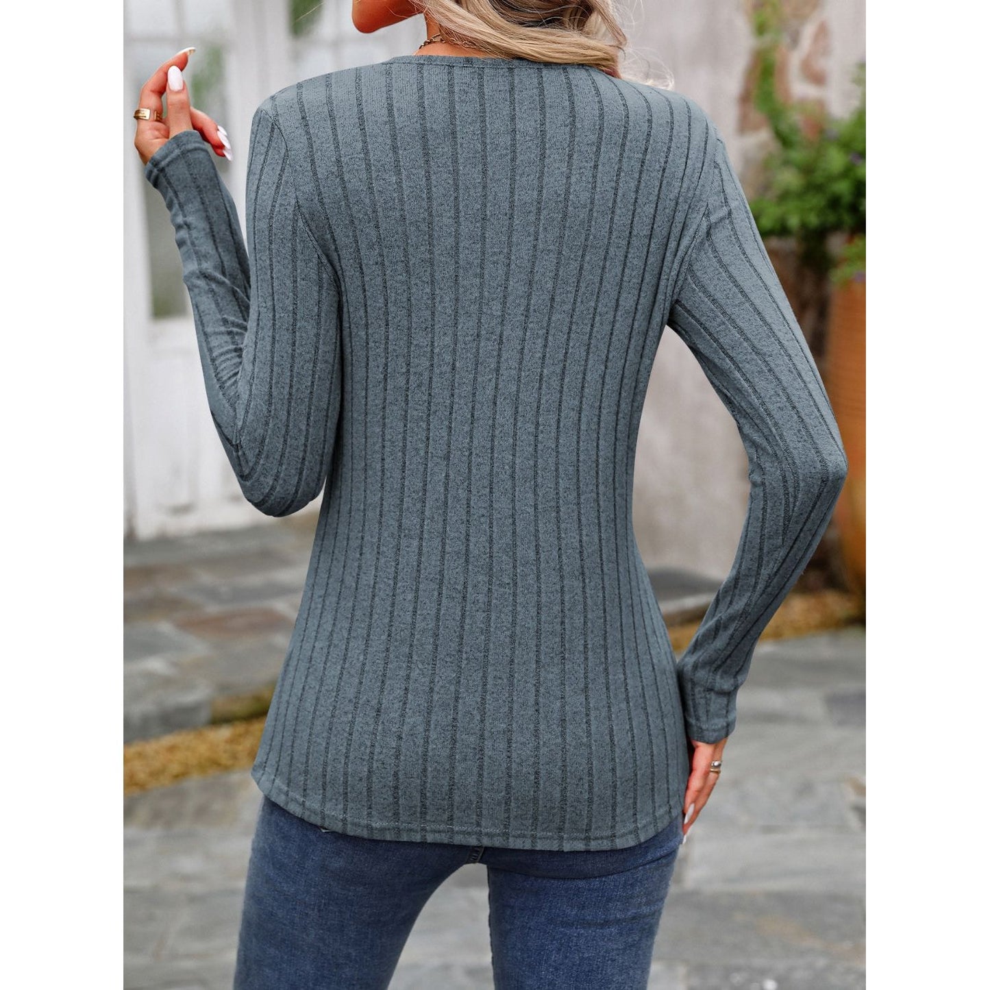 Decorative Button Round Neck Long Sleeve T-Shirt