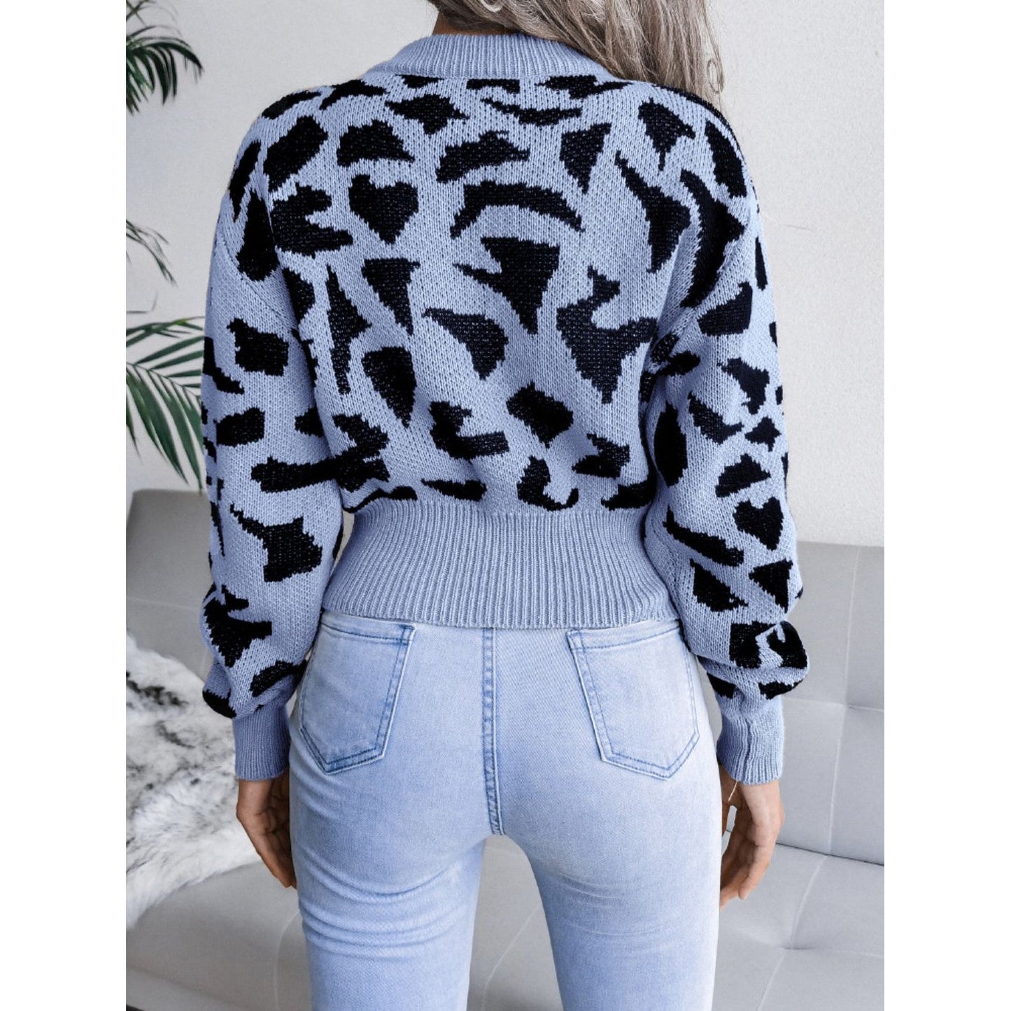 Leopard Round Neck Dropped Shoulder Sweater