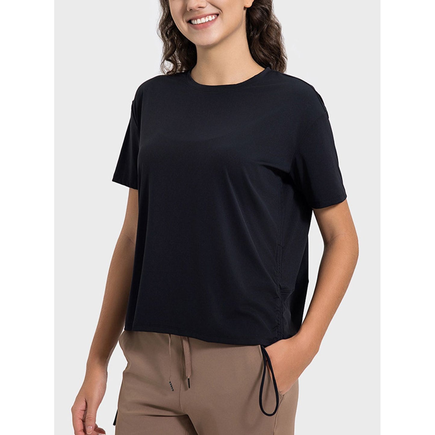 Drawstring Round Neck Short Sleeve Active T-Shirt