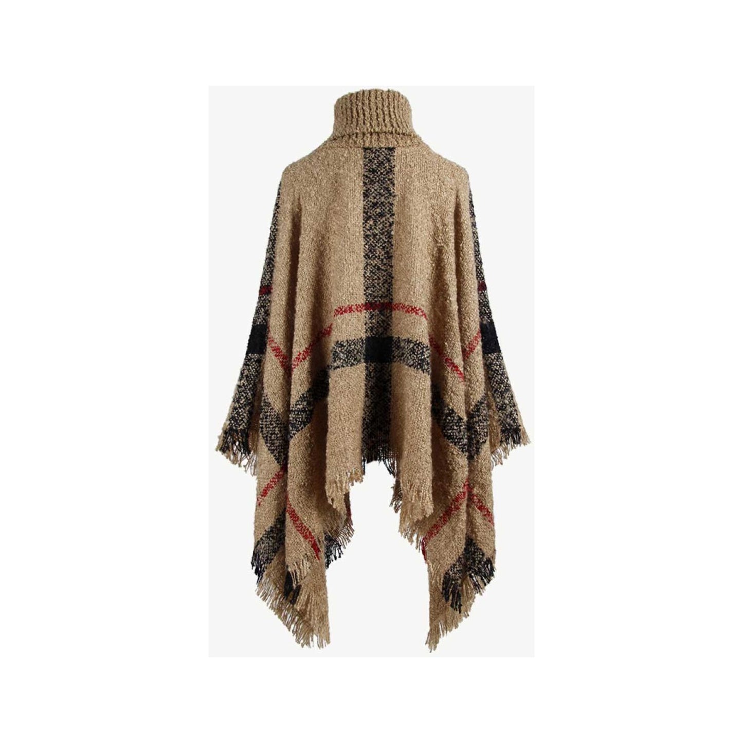 Plaid Turtleneck Raw Hem Poncho