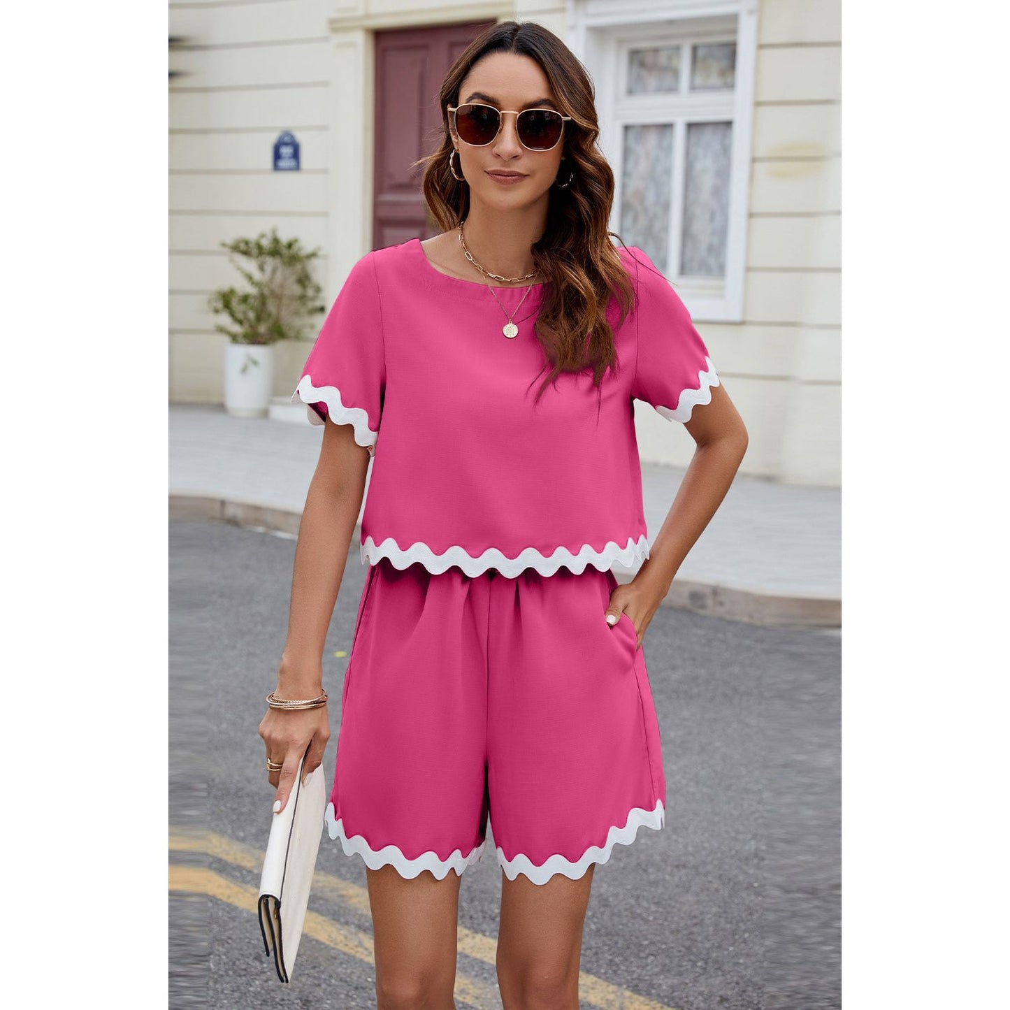 Contrast Trim Round Neck Top and Shorts Set