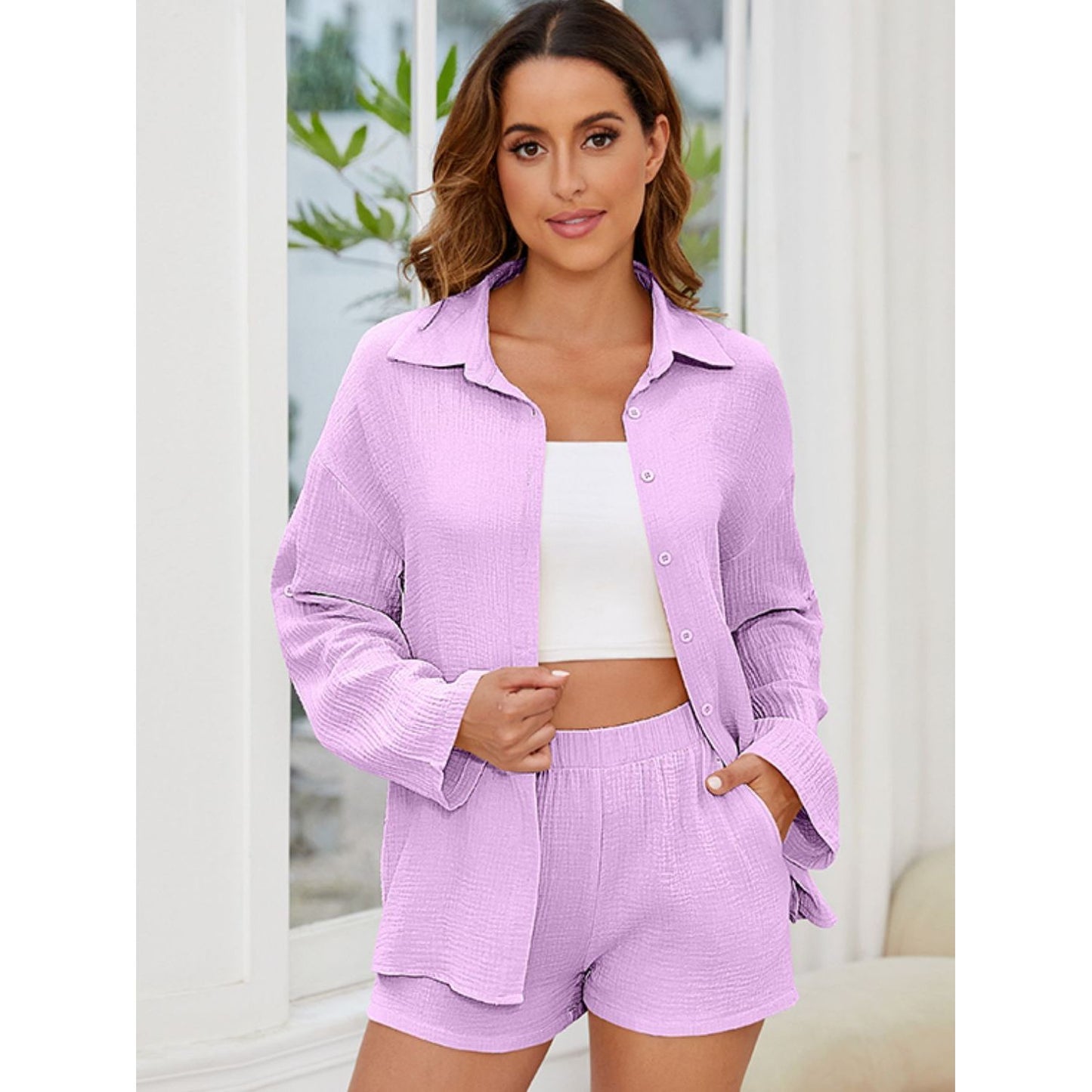 Button Up Long Sleeve Top and Shorts Set