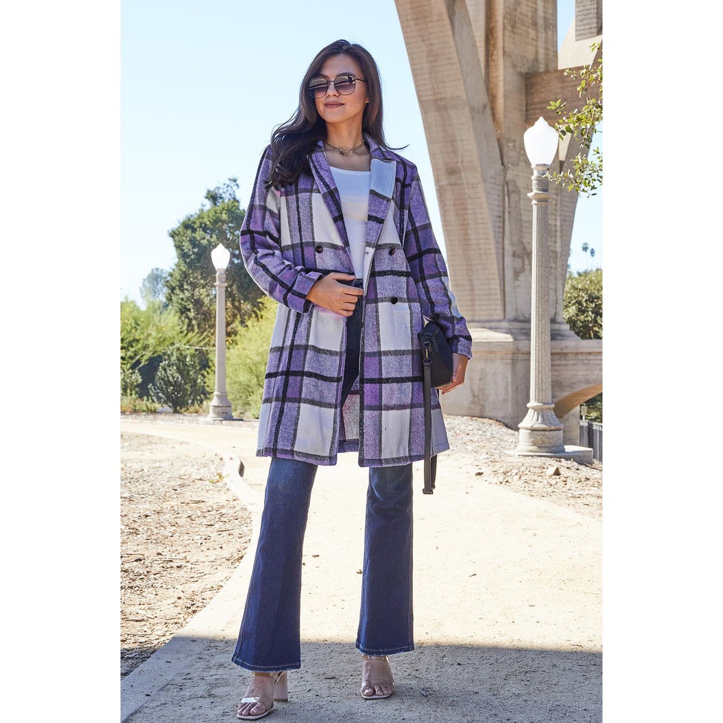 Double Take Full Size Plaid Button Up Lapel Collar Coat