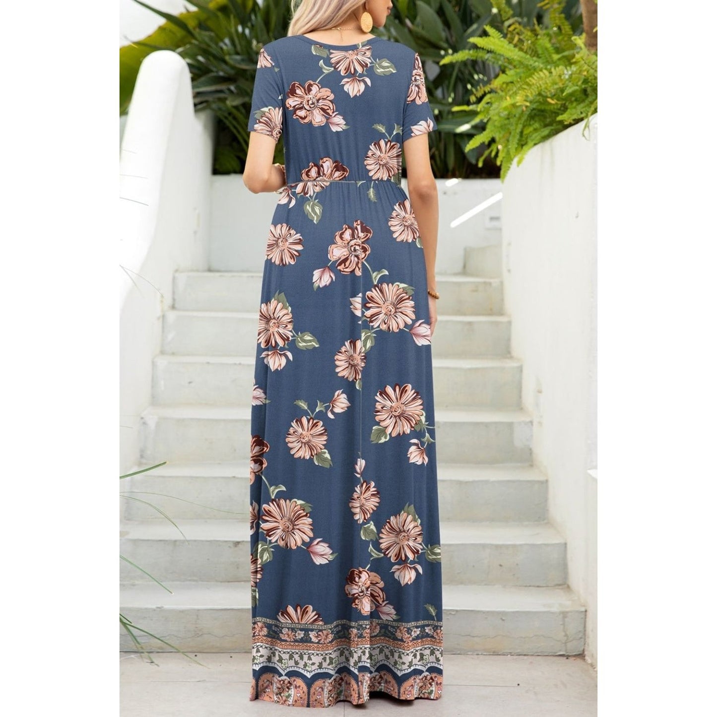 Printed Round Neck Short Sleeve Maxi Dress