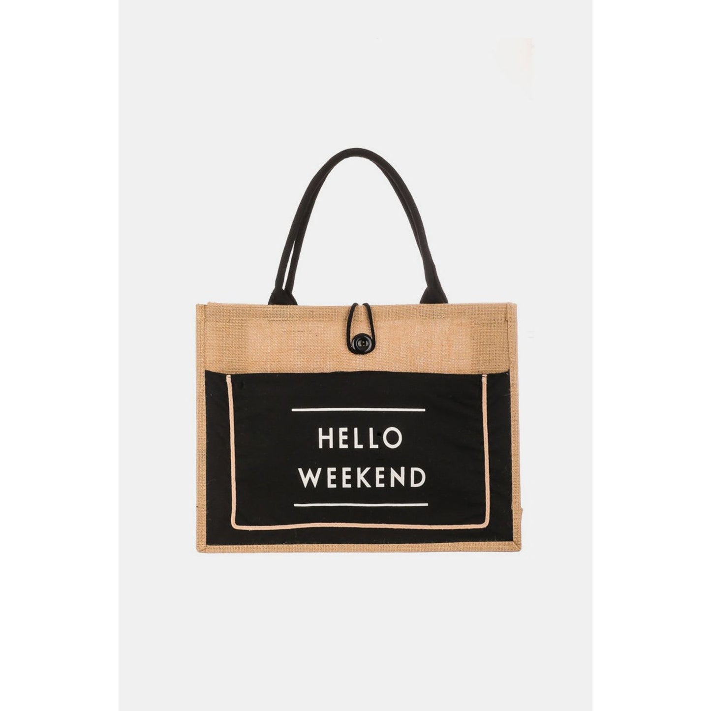 Fame Hello Weekend Burlap Tote Bag