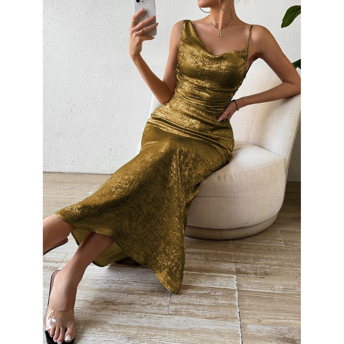 Honey Asymmetric Neck Sleeveless Midi Dress