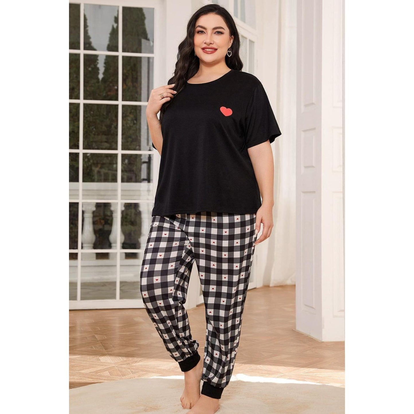 Plus Size Round Neck Short Sleeve Two-Piece Lounge Set