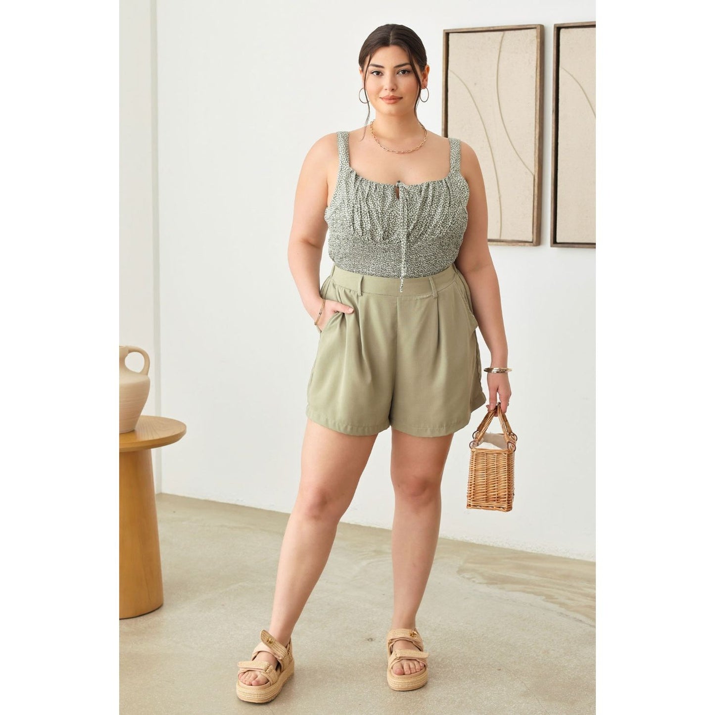 Zenobia Plus Size Half Elastic Waist Shorts with Pockets