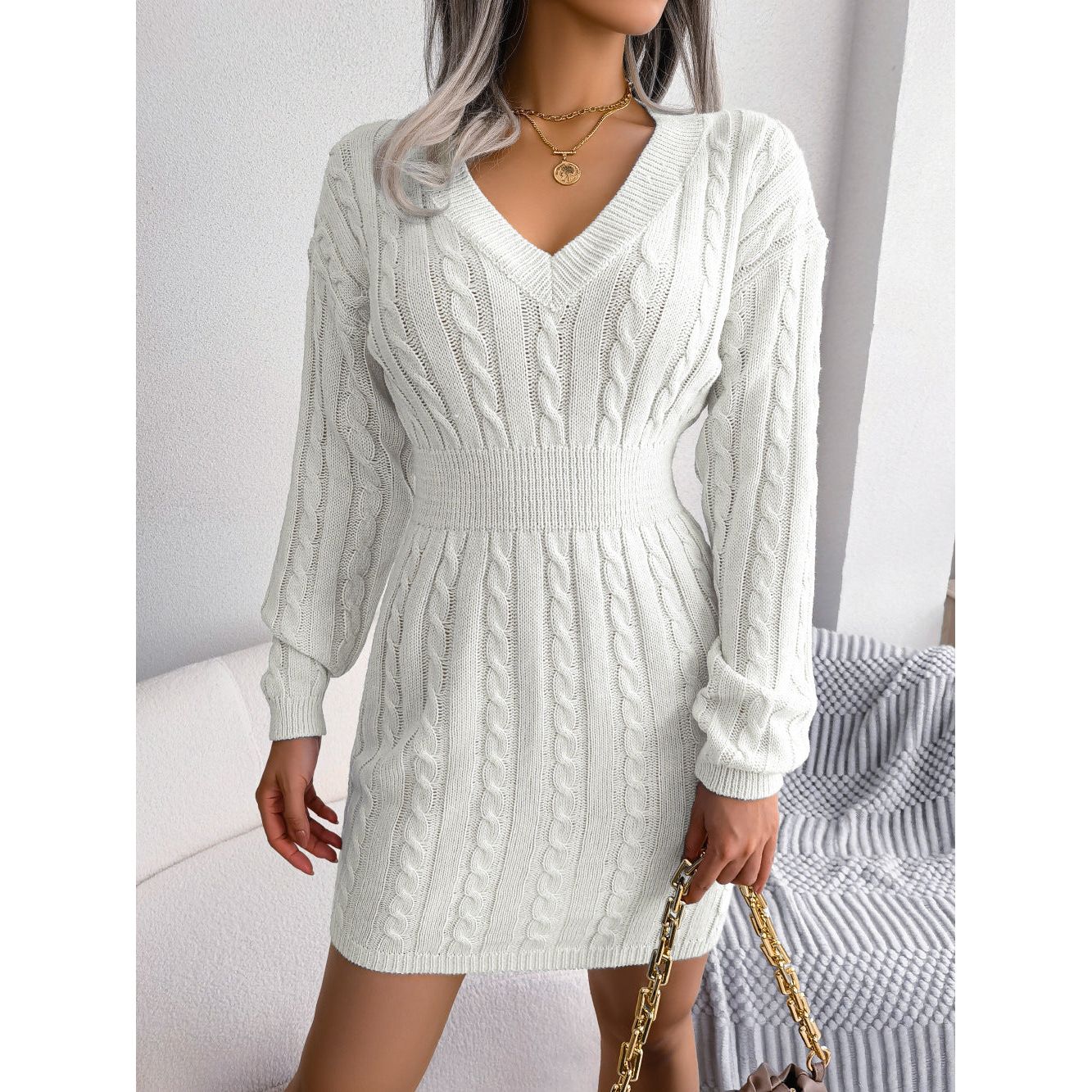 Cable-Knit V-Neck Mini Sweater Dress