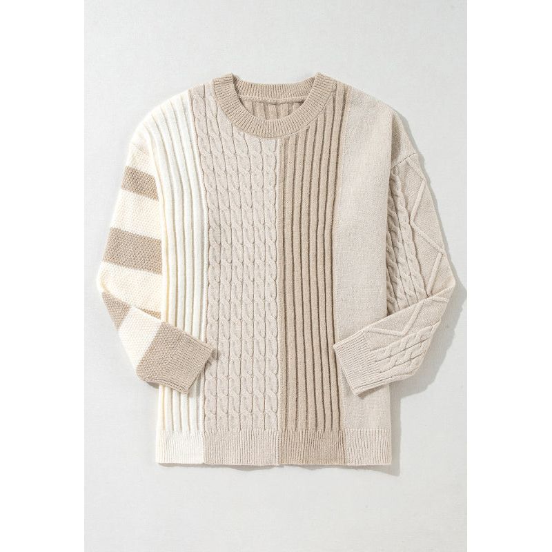 Cable-Knit Color Block Round Neck Sweater