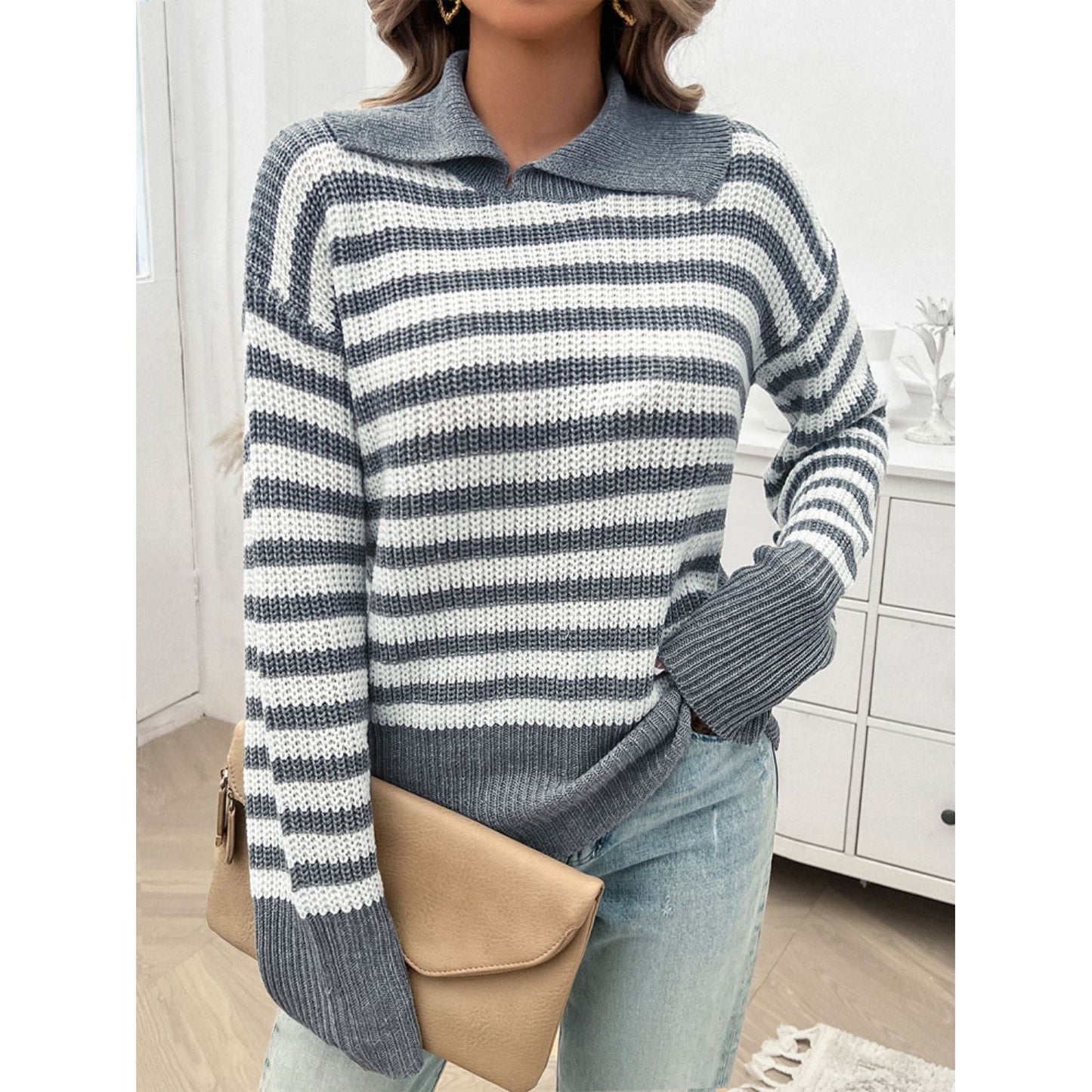 Devine Striped Collared Neck Long Sleeve Sweater