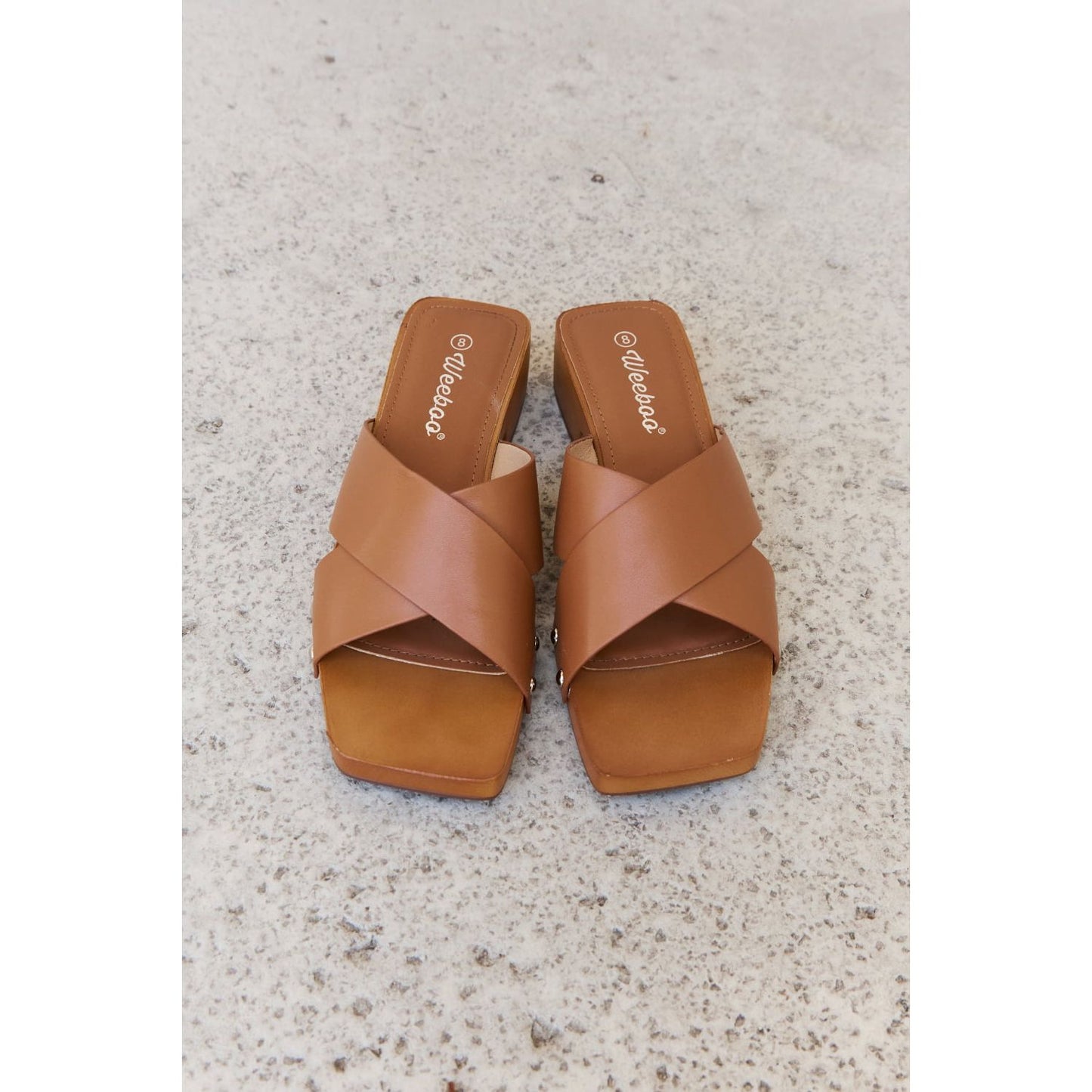 Weeboo Step Into Summer Criss Cross Wooden Clog Mule in Brown