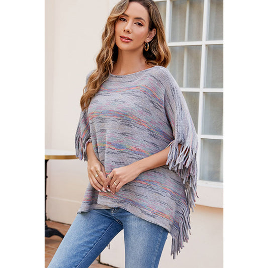 Round Neck Fringe Detail Sleeve Poncho