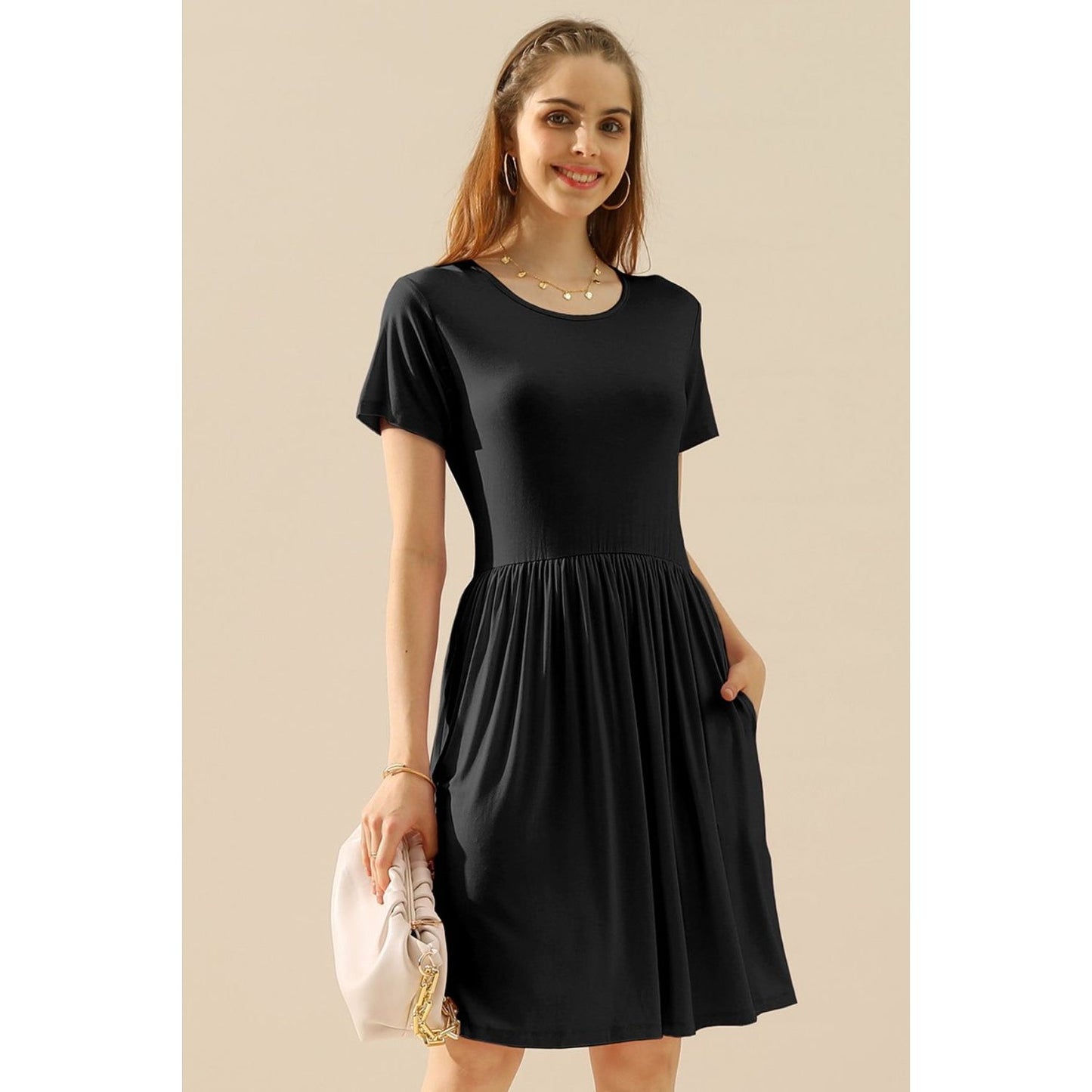 Ninexis Full Size Round Neck Ruched Dress with Pockets