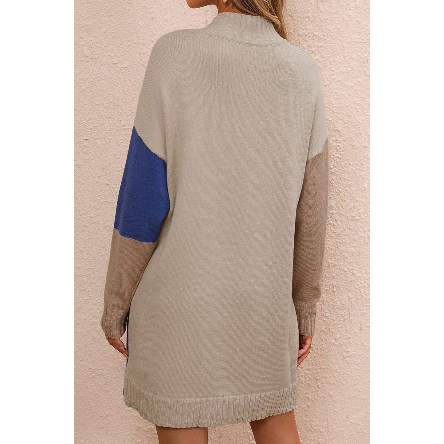 Color Block Mock Neck Dropped Shoulder Sweater Dress