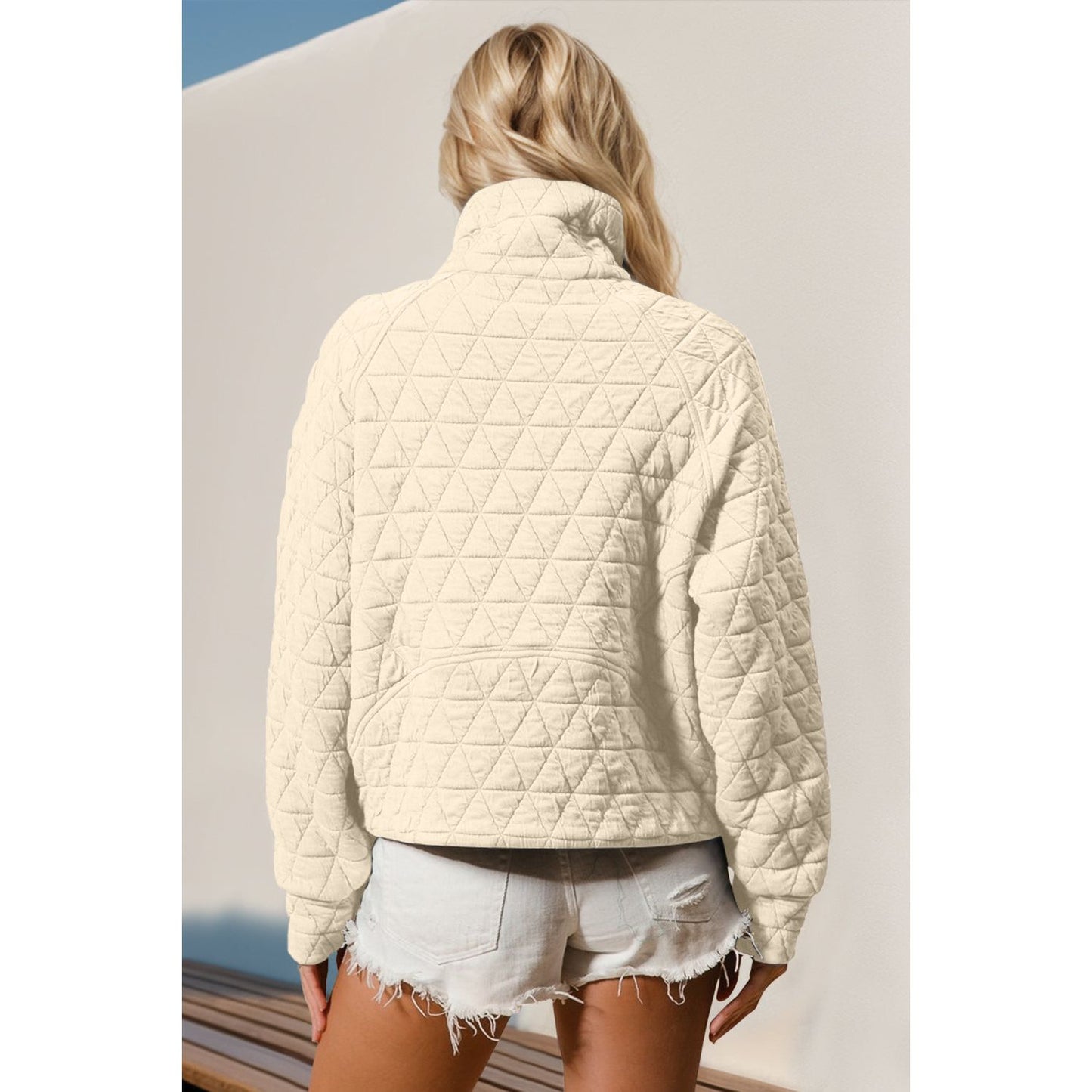 Double Take Half Zip Long Sleeve Quilted Sweatshirt with Pocket