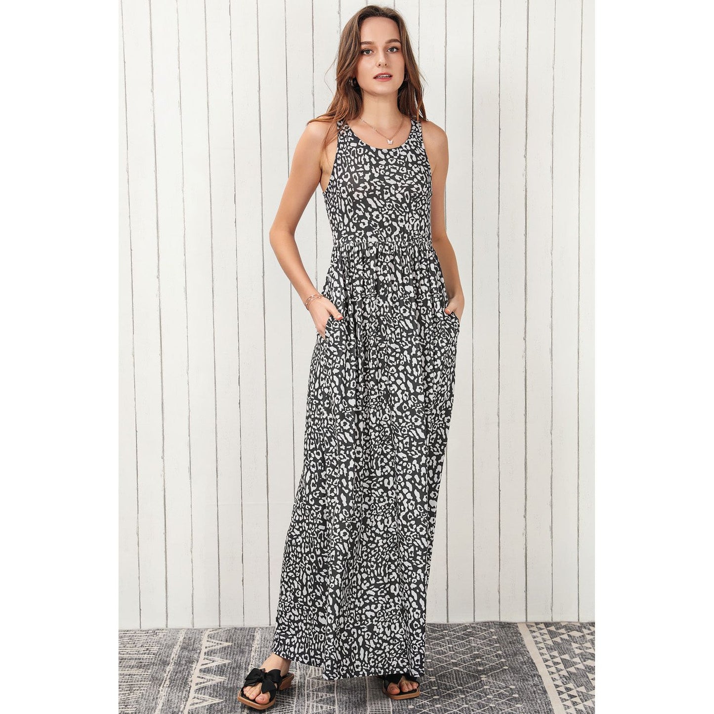 Leopard Round Neck Sleeveless Maxi Dress