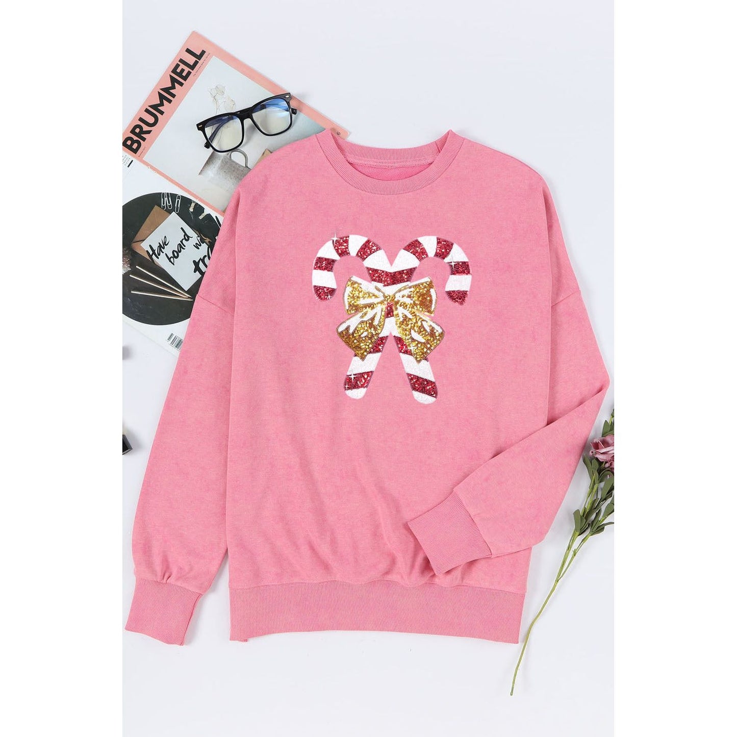 Sequin Candy Cane Round Neck Slit Sweatshirt