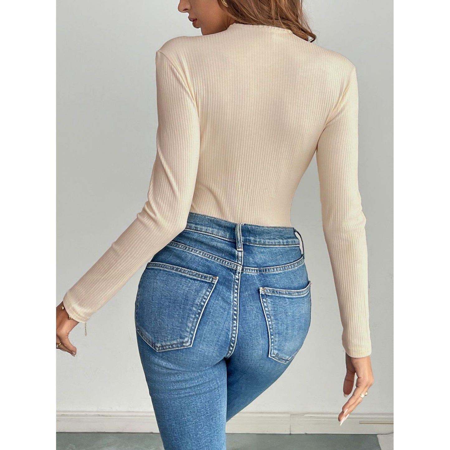 Perfee Decorative Button Round Neck Long Sleeve Bodysuit