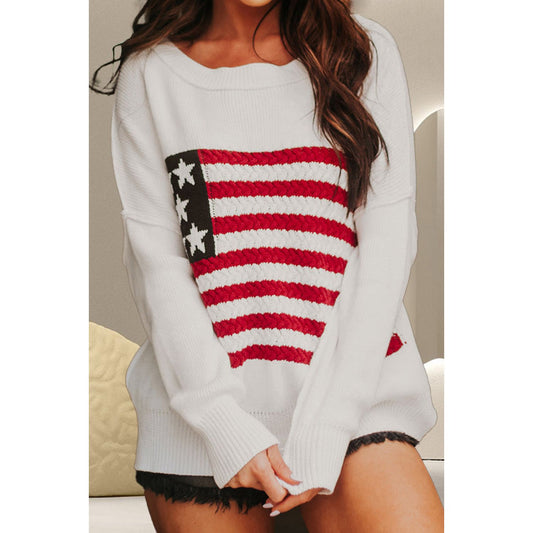 US Flag Round Neck Long Sleeve Knit Top