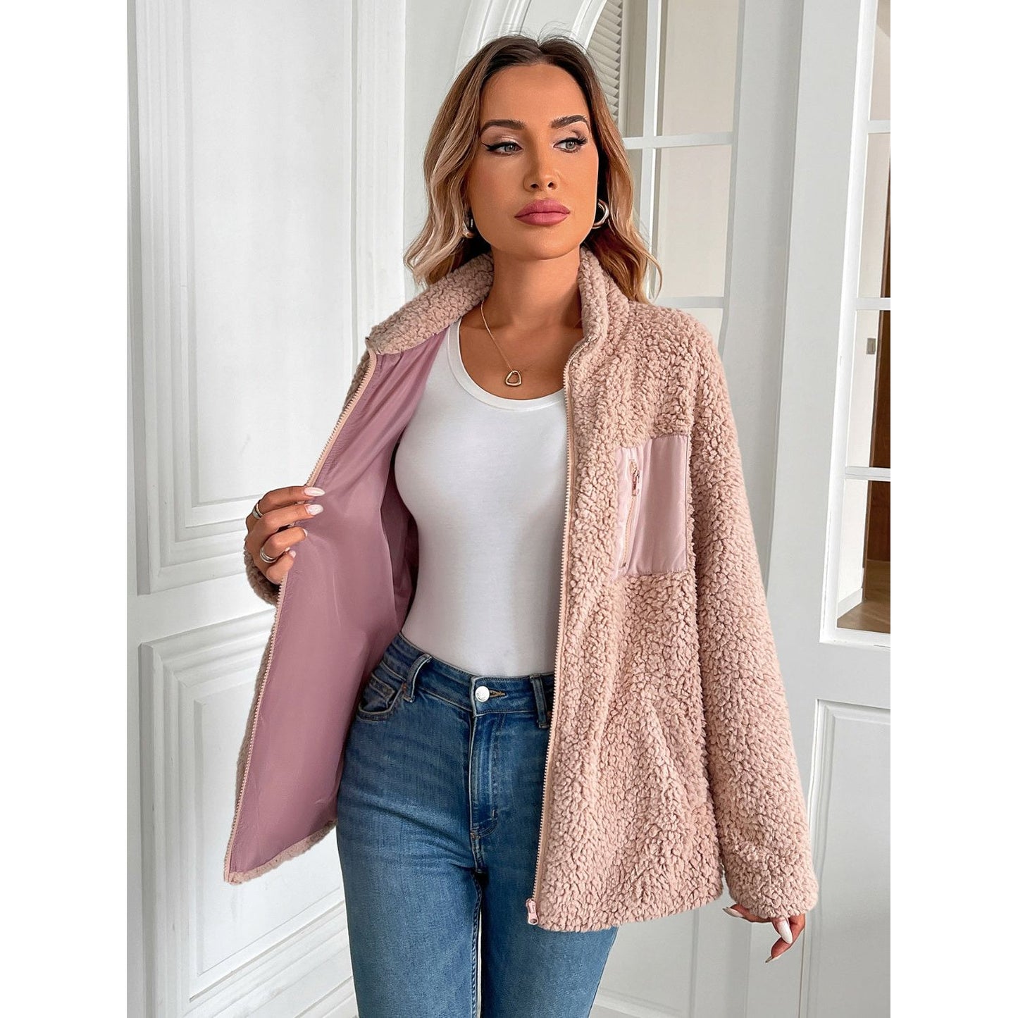 Ivy Lane Zip Up Long Sleeve Fuzzy Jacket