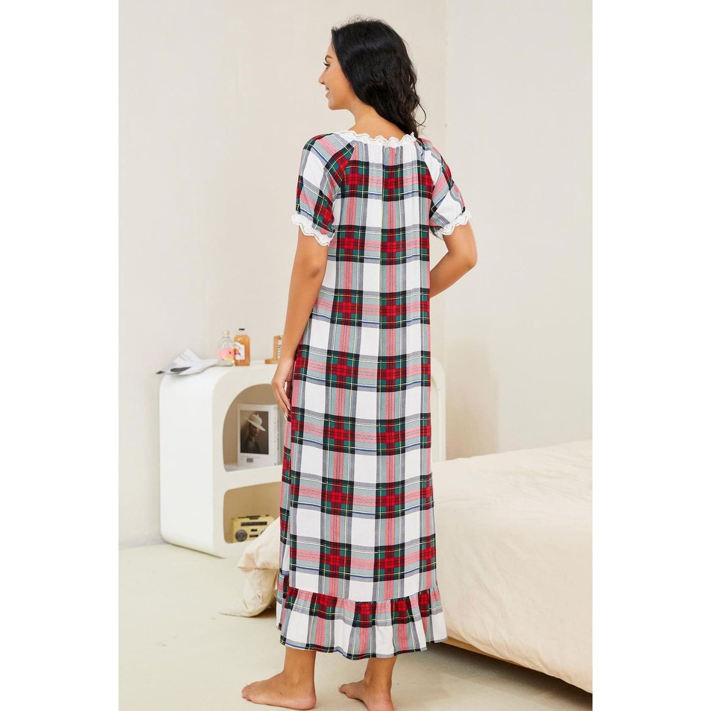 Plaid Lace Trim Ruffle Hem Night Dress